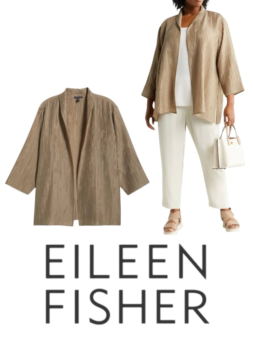 Eileen Fisher Jacket Women Beige Size S Open Front Textured NWT